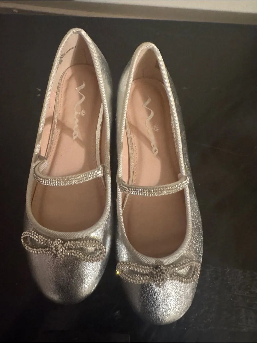 Girls Silver Glitter Mary Jane Flats with Bow